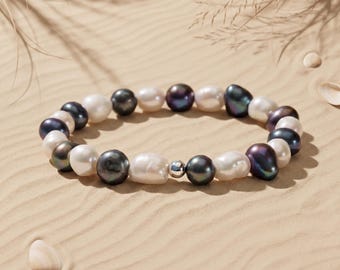 Black and White Pearl Stretch Bracelet, 8-9mm Baroque No Clasp