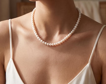 Natural Round Pearl Necklace, 6mm Full Strand, Wedding Gift 925