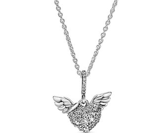 Angel Wings and Pavé Heart Pandora Necklace Guardian Angel's Glitter Rhinestone Heart on a 45 cm Chain Meaningful and Sparkling Necklace