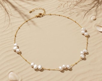Pearl Cluster Necklace, Gold Station Chain, Gift for Her