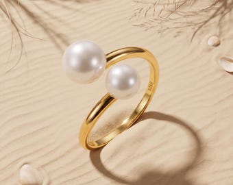 Two Pearl Bypass Ring, Toi et Moi Style in Gold, Ring size 6 - L - 52
