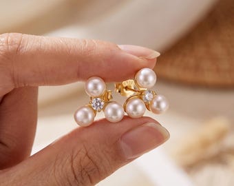 Freshwater Pearl Cluster Stud Earrings, Three Pearls and CZ, Gift for Her