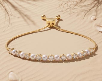 Pearl Tennis Bracelet, CZ Slider Chain, Wedding Gift, Size up to 25 cm