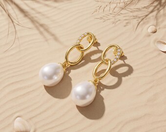 Natural Freshwater Pearl Link Earrings, CZ Oval Chain Drop Studs, Gift For Daughter