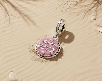 Sterling Silver Pink Birthday Cake Charm, "Happy Birthday" Message, Cubic Zirconia