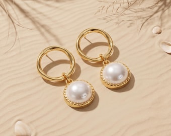 Freshwater Pearl Stud Earrings, Gold Circle Studs, Gift for Her 925 Silver Sterling