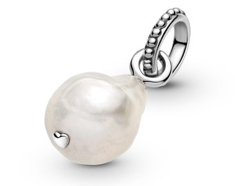 PANDORA Freshwater Cultured Baroque Pearl Pendant Silver Bail Beaded Detail Women's Jewelry, Bracelet Charm, Timeless Beauty Meaningful Gift