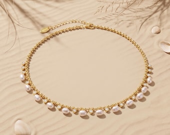 Pearl Fringe Necklace, Gold Bead Chain 40cm, Gift for Her