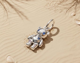 Movable Teddy Bear Dangle Charm with Star Accents – Whimsical Silver Jewelry