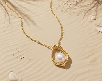 Pearl Teardrop Necklace, Gold Open Drop Pendant, Gift for Her