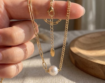 Half Paperclip Half Curb Chain Necklace with Single Pearl, 42cm Gold