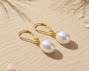 Pearl Leverback Earrings, 8mm Oval Drop, Gift for Her