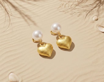 Real Pearl Heart Earrings, Gold Drop Studs, Gift for Her