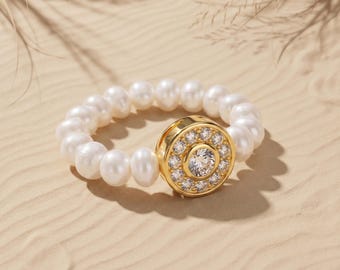 Pearl Ring with CZ Halo, Stretch Band, Gift for Her