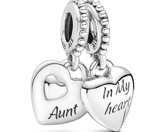 Pandora Aunt & Niece Split Heart Dangle Charm Handmade Sterling Silver Jewelry with Hearts Engraved "Forever" "Aunt" and "Niece" for Women
