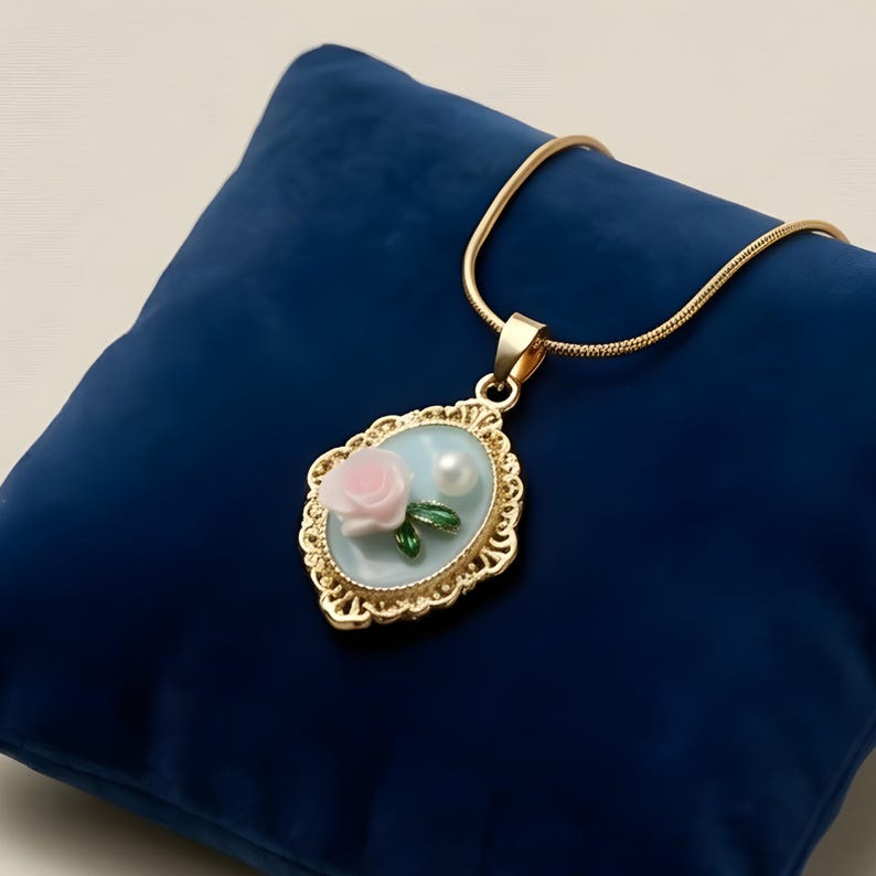 Intage Rose Cameo Necklace Gold Floral Pendant Romantic Pearl Jewelry ...