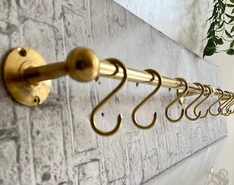 Handmade Vintage Brass Pot Rack - Unlacquered Antique Style - Rustic Gold Wall-Mounted Kitchen Organizer