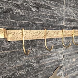 Brass Pot Rack with Movable Hooks - Brass Pot Rail -Rustic Sturdy Unlacquered Brass Hanging Bar Rod - Mounted Kitchen Organizer