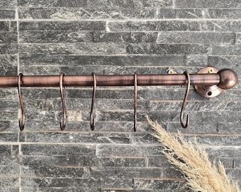 Unlacquered Copper Pot Rack – Vintage Kitchen Rail with Hooks – Rustic Wall Mounted Pot Hanger – Solid Copper Hanging Rack – Farmhouse Decor