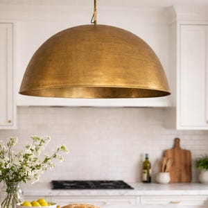 Solid Brass Dome Light Fixture – Aged Brass Hanging Lamp – Minimalist Kitchen Island Pendant Lighting