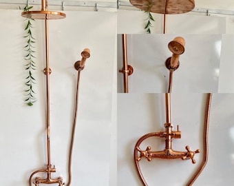 Handmade Copper Outdoor Shower – Solid Unlacquered Copper Rain Shower System with Handheld Option – Rustic Garden & Patio Decor