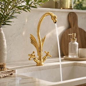 Puede incluir: Un grifo dorado con forma de cisne, con agua fluyendo del pico. El grifo tiene manijas en forma de cruz y elementos decorativos en forma de alas. El grifo está instalado en una encimera blanca.