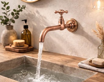 Wall Mounted Copper Faucet – Vintage Cross Handle Tap – Rustic Bathroom Sink Faucet – Solid Copper Spout – Farmhouse Wall Mount Tap
