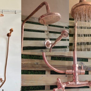 Unlacquered Solid copper outdoor shower - copper shower head - Indoor and outdoor Copper shower system - Vintage Cooper and Shower System