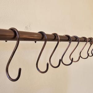 Rustic Sturdy Unlacquered Brass Hanging Bar with 16mm Rod and S-Hooks for Pan, Pot, and More Storage