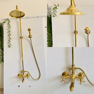 Unlacquered Brass Shower System - Solid Brass Rain Shower- Handheld | Rustic Farmhouse Outdoor Indoor Shower Faucet-Vintage Bathroom Fixture