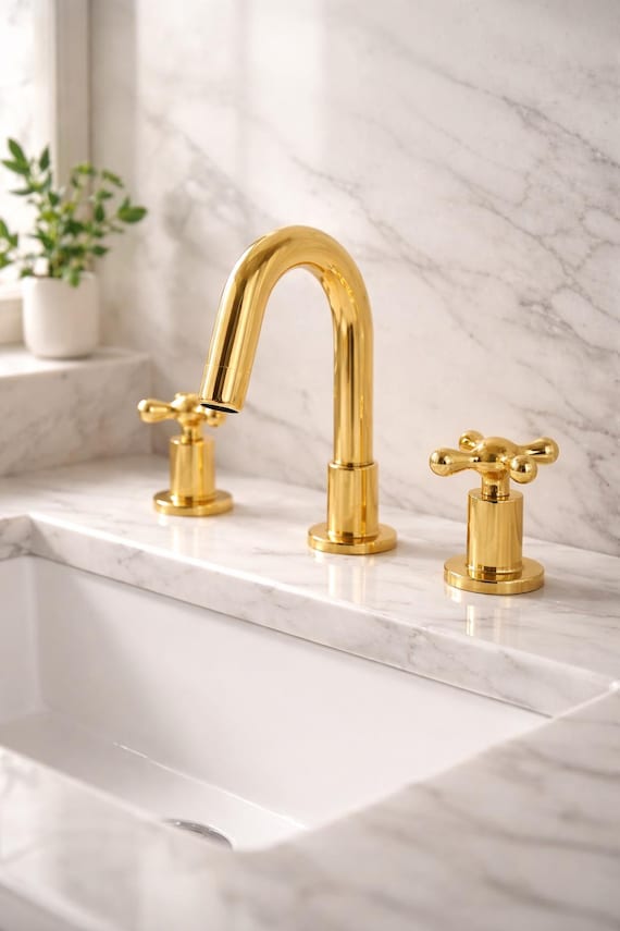 Unlacquered Brass Bridge Faucet – Luxury Bathroom Sink Faucet – Solid Brass Faucet – Vintage Cross Handle Tap – Handmade Brass Vanity Faucet