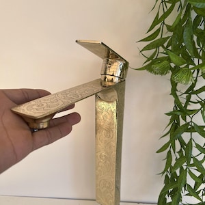 Handmade Solid Brass Vessel Sink Faucet – Antique Tall Bathroom Tap – Moroccan Engraved Brass Faucet – US & Worldwide Compatible