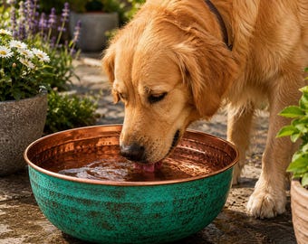 Moroccan Copper Dog Water Bowl – Verdigris Patina Pet Bowl – Luxury Hammered Copper Dog Bowl – Rustic Outdoor Water Dish for Dogs