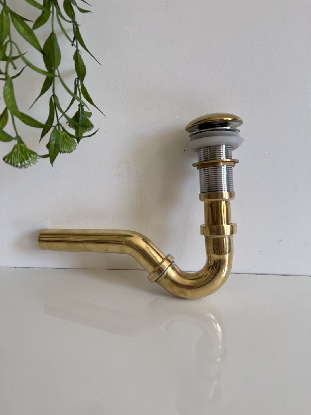 Solid Unlacquered Brass Strap , Sink Bottle Trap,push up Button, Pop up Drain, Brass Water Trap