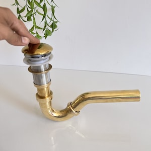 Unlacquered Brass S-trap and Sink Stopper - Push Up Button - Pop Up Drain -Brass Water Trap Solid Unlacquered Brass P-trap and Sink Stopper