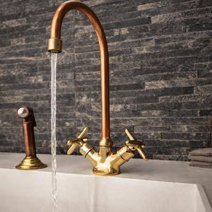 Grifo de cocina de puente de cobre y latón – Grifo de cocina de mármol de lujo – Mezclador de latón sin lacar – Grifo de fregadero – Accesorio marroquí hecho a mano