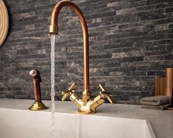 Copper & Brass Bridge Kitchen Faucet – Luxury Marble Kitchen Tap – Unlacquered Brass Mixer –  Sink Faucet – Handmade Moroccan Fixture