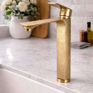 Handmade Solid Brass Vessel Sink Faucet – Antique Tall Bathroom Tap – Moroccan Engraved Brass Faucet – US & Worldwide Compatible