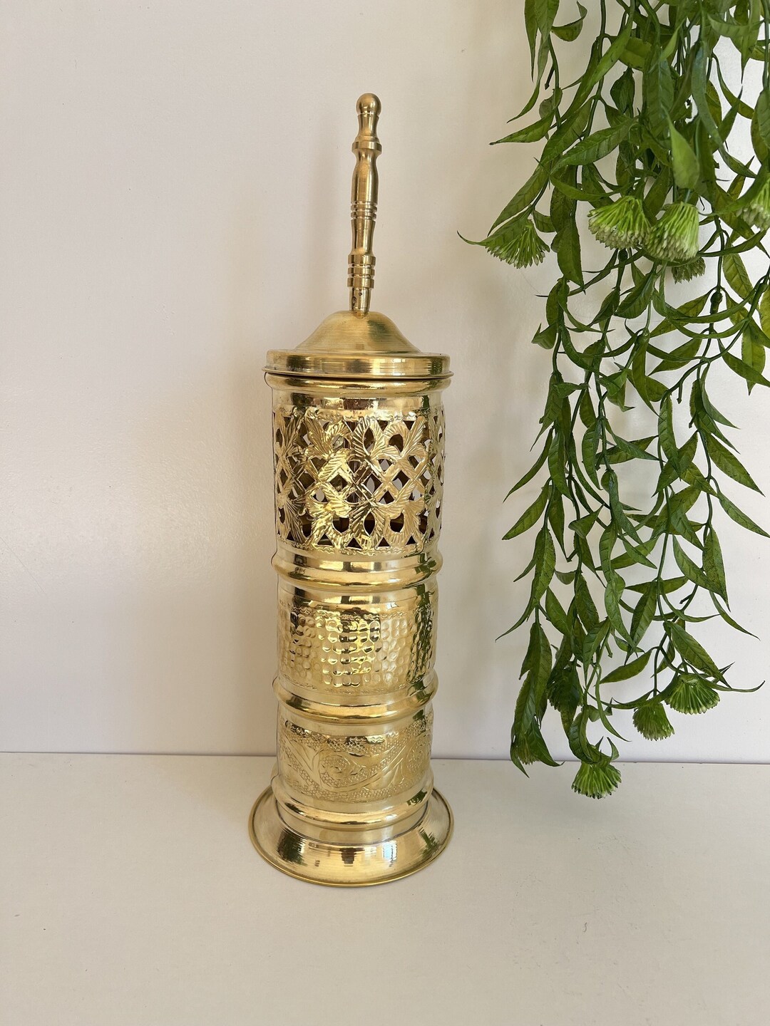 Moroccan Etching Toilet Brush and Stand Brass Toilet Brush and Holder