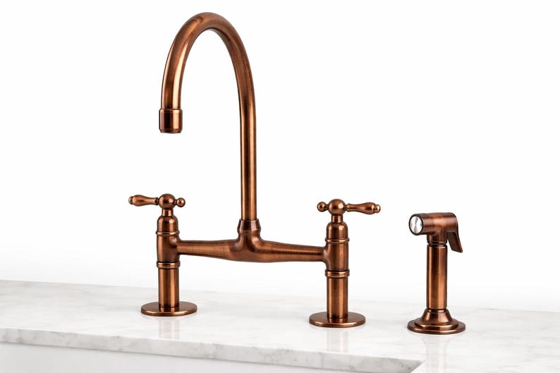 Antique Copper Bridge Kitchen Faucet With Sprayer – Solid Copper 3 Hole ...