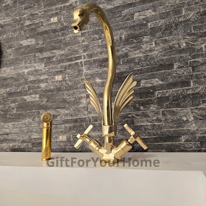 Moroccan Faucet Unlacquered Brass with two Handles , Moroccan faucet, Swan gooseneck faucet , antique brass bathroom faucet