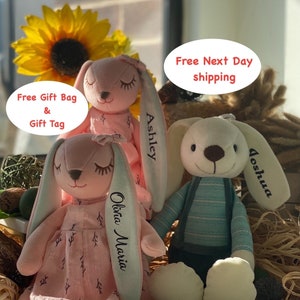 May include: Three plush bunny toys with embroidered names. The bunnies are pink and white with long ears. The pink bunnies have floral patterns on their dresses. The white bunny has a blue and white striped shirt. The text "Free Next Day Shipping" is visible in the image.
