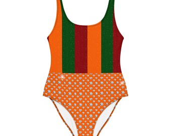 Music Video inspired 70&#39;s striped orange red and green one piece bodysuit/swimsuit