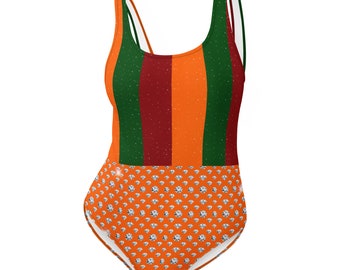 Midnights Anti-Hero geïnspireerd jaren '70 gestreepte oranjerode en groene bodysuit/zwempak uit één stuk voor Taylor Swifties!
