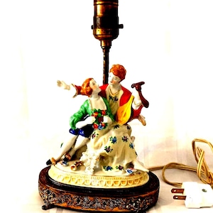 26 cm. Antique Dresden Porcelain Hand Painted Lamp in the Form of a Couple in Love, Germany.
