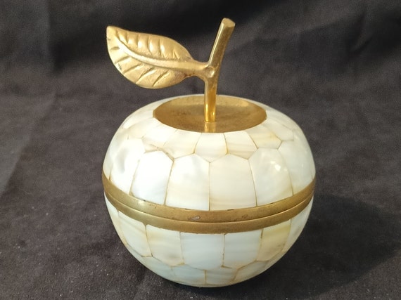 Brass and Mother of Pearl Trinket Box with Apples… - image 1