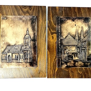 Metal on Wood ZAGREB Croatia. Two Wall Copper Plaques Signed M J
