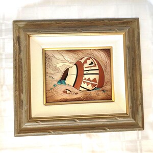 Roger E. Kull 2008 Signed 3D Tooled Leather Sculpture, Southwestern Broken Pot & Real Turquoise, Framed 49x43 cm (19"x17")
