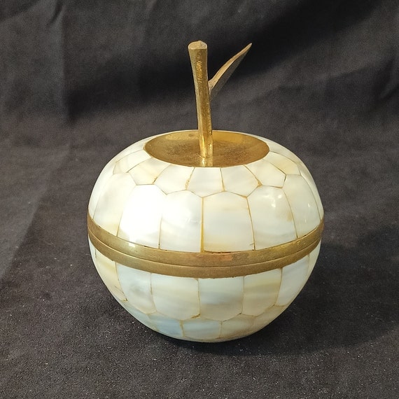 Brass and Mother of Pearl Trinket Box with Apples… - image 4