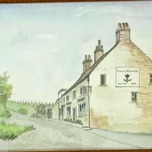 May include: Watercolor painting of a building with a sign that reads "Crown Inn" and a crest. The building is white with a brown roof and chimneys. A road leads up to the building, with green grass and trees on the left.